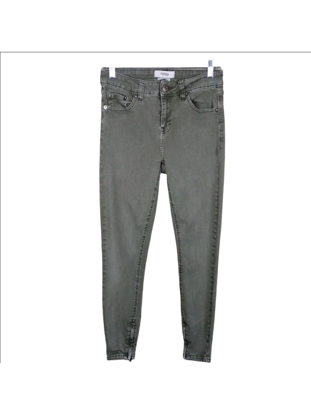 Pistola Olive Green Five Pocket Mid Rise Zip Up Skinny Leg Colored Denim Jean
